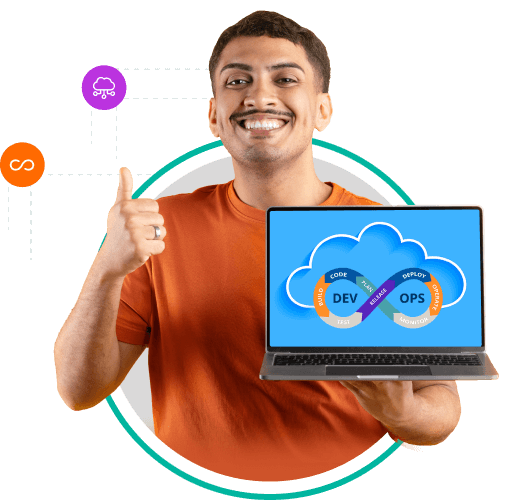 Man holding laptop with DevOps graphic